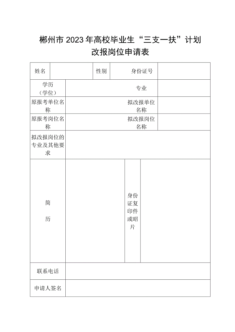 郴州市2023年高校毕业生“三支一扶”计划改报岗位申请表.docx_第1页