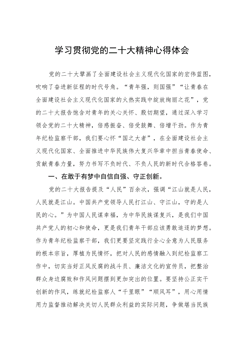 纪检监察干部关于学习贯彻党的二十大精神研讨发言材料六篇.docx_第1页