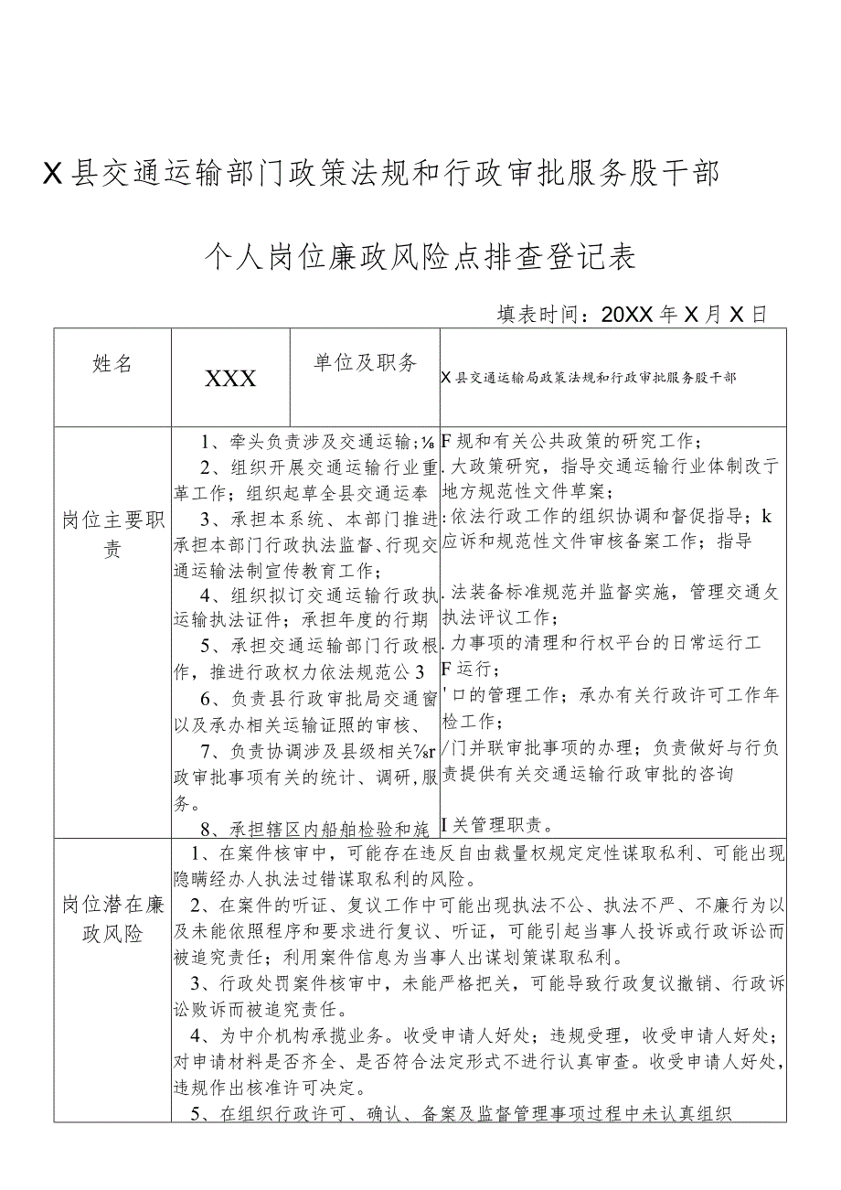 某县交通运输部门政策法规和行政审批服务股干部个人岗位廉政风险点排查登记表.docx_第1页