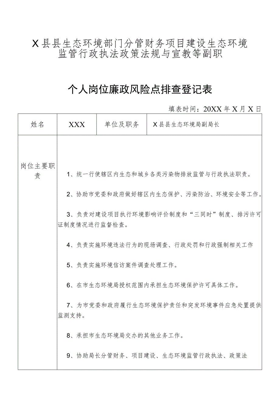 某县生态部门分管财务项目建设生态环境监管行政执法政策法规与宣教等副职个人岗位廉政风险点排查登记表.docx_第1页