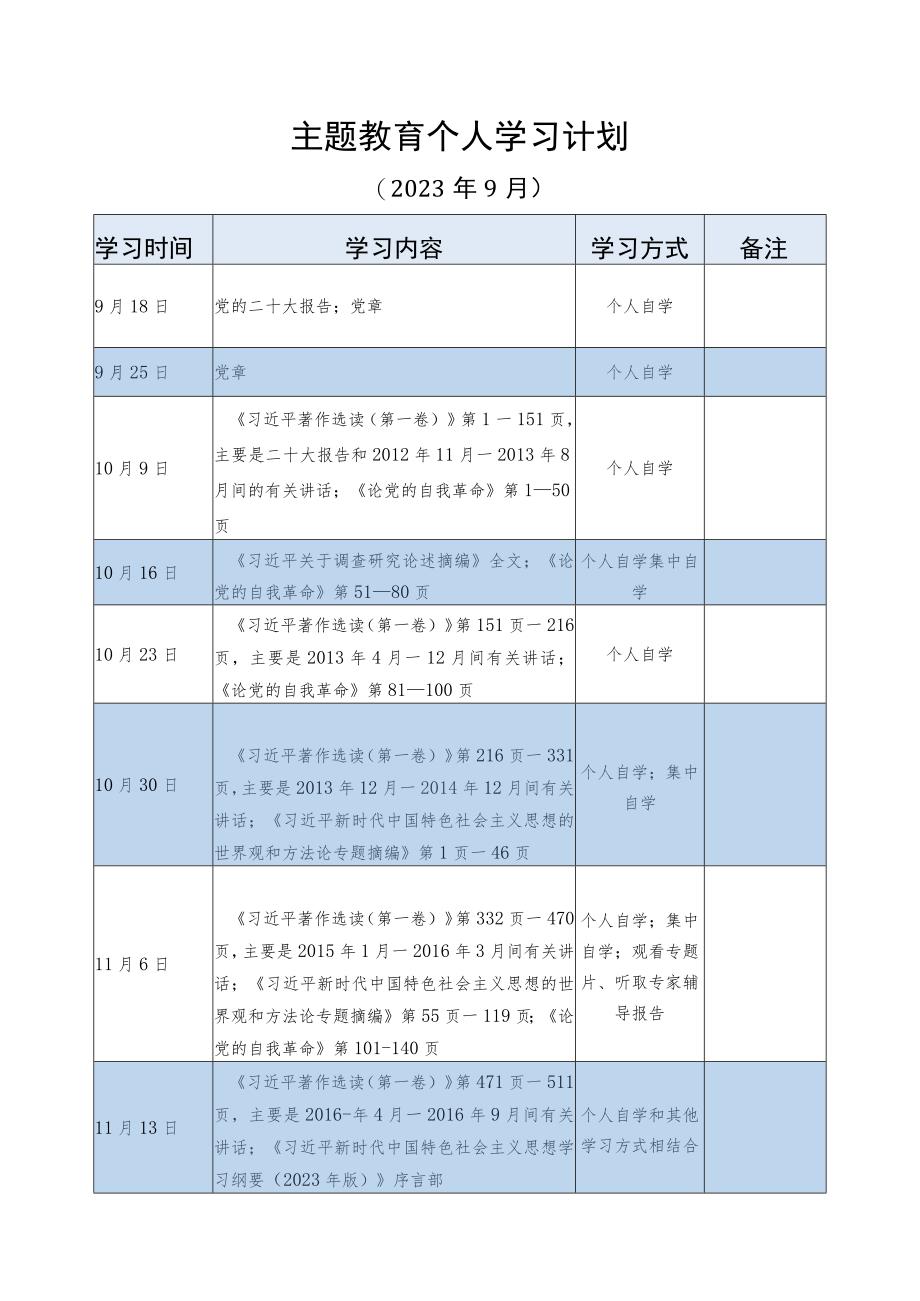 支部党员2023年学习贯彻新思想第二批主题教育个人学习计划表格.docx_第1页