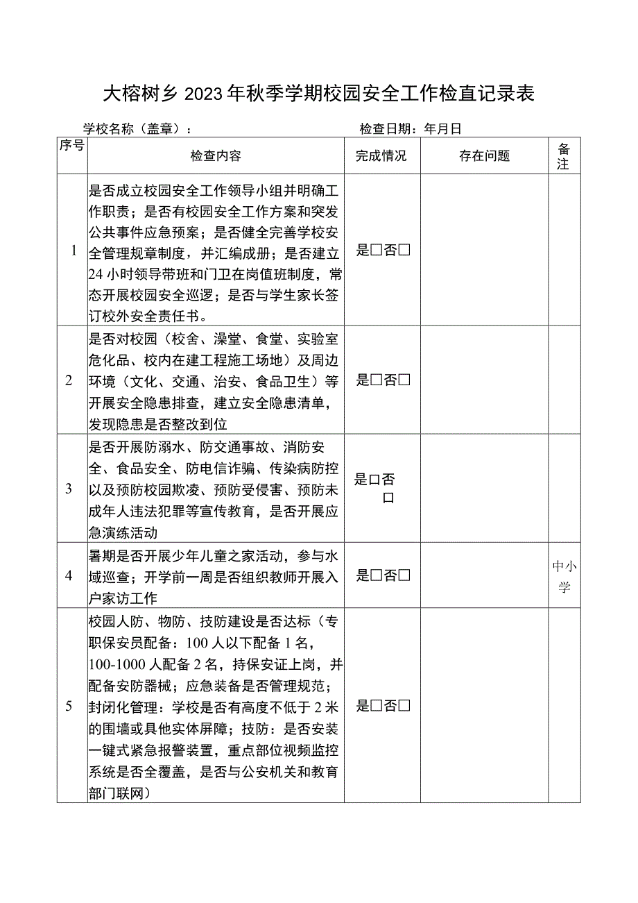 大榕树乡2023年秋季学期校园安全工作检查记录表.docx_第1页