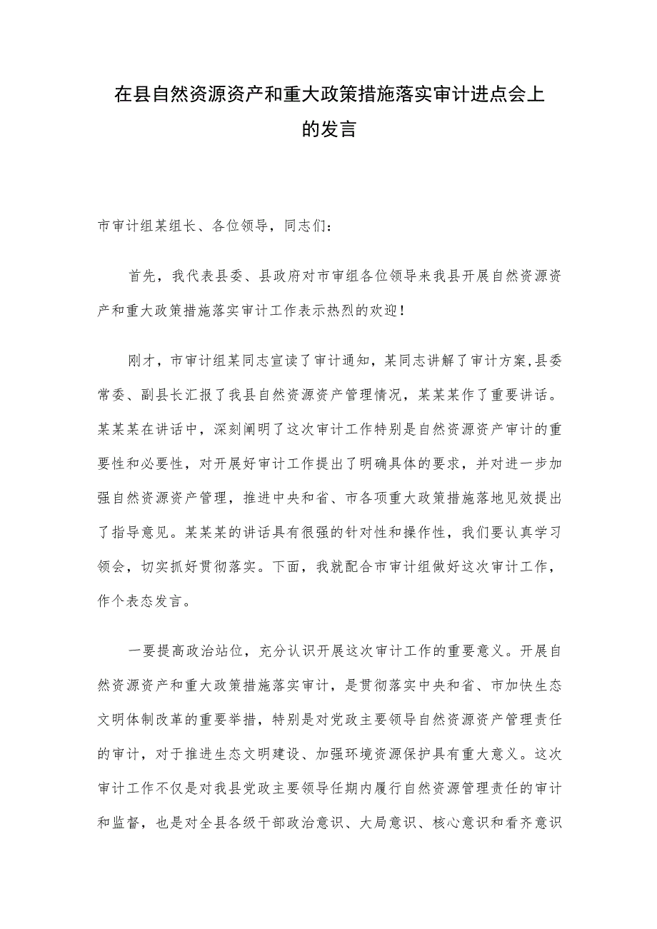 在县自然资源资产和重大政策措施落实审计进点会上的发言.docx_第1页