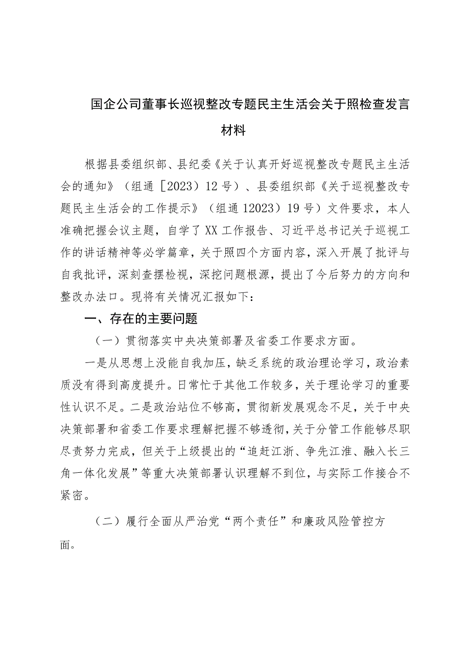 国企公司董事长巡视整改专题民主生活会对照检查发言材料.docx_第1页