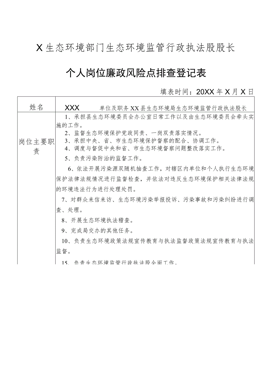 X县生态环境部门生态环境监管行政执法股股长个人岗位廉政风险点排查登记表.docx_第1页