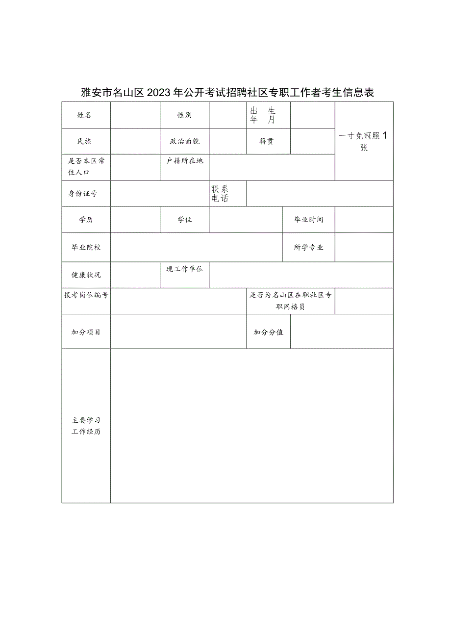 雅安市名山区2023年公开考试招聘社区专职工作者考生信息表.docx_第1页