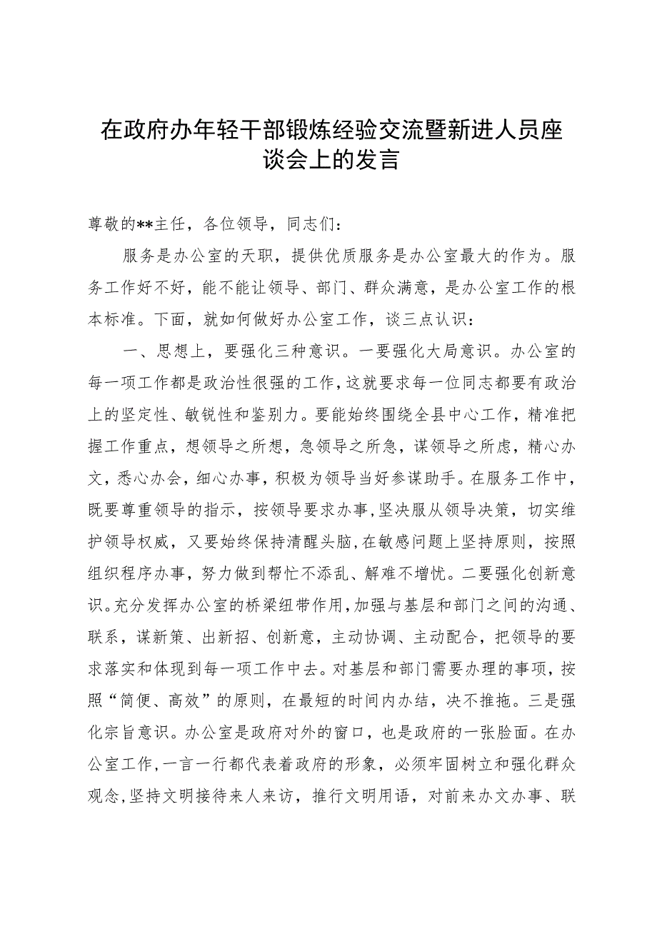 在政府办年轻干部锻炼经验交流暨新进人员座谈会上的发言.docx_第1页