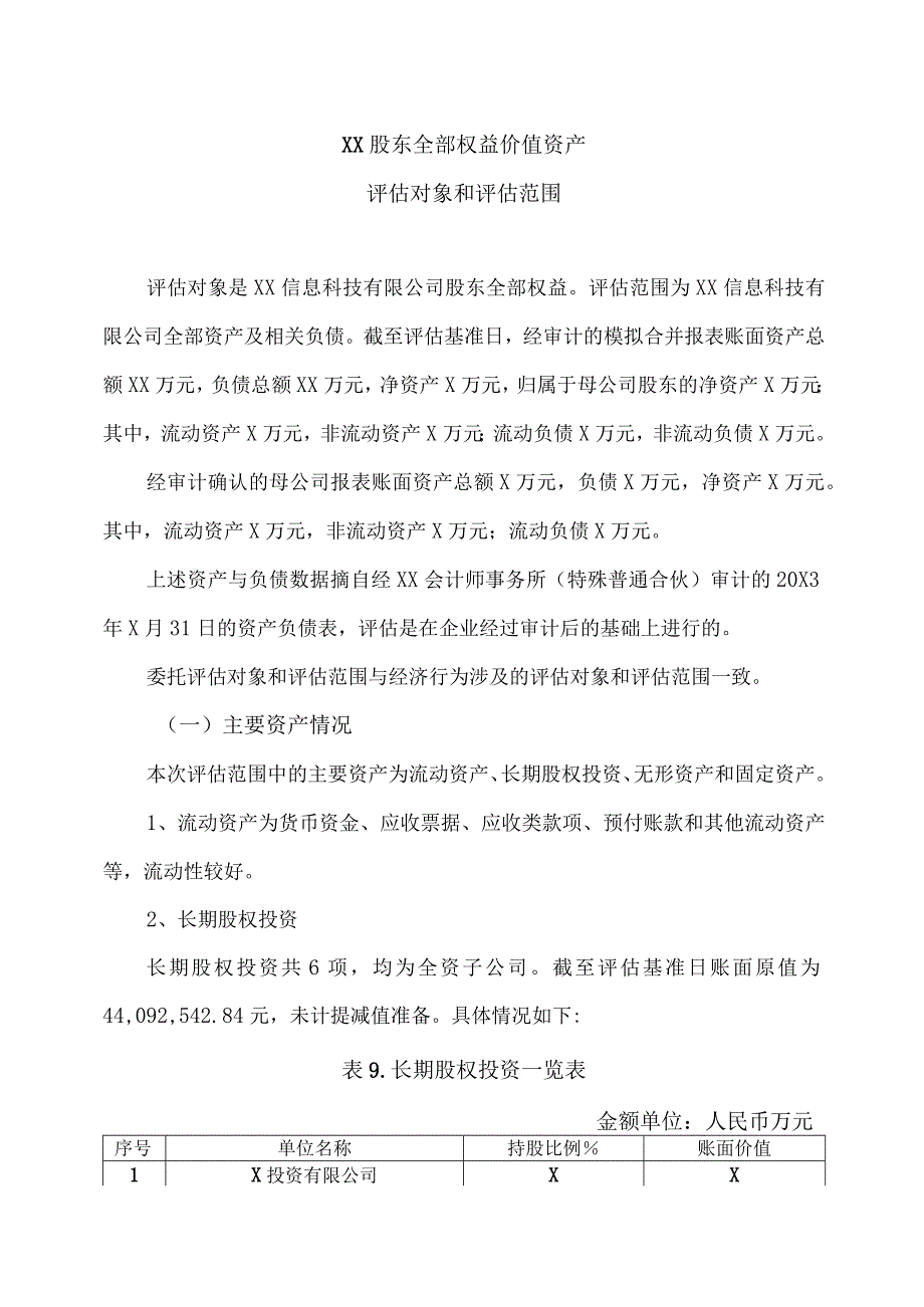 XX股东全部权益价值资产评估对象和评估范围(2023年).docx_第1页