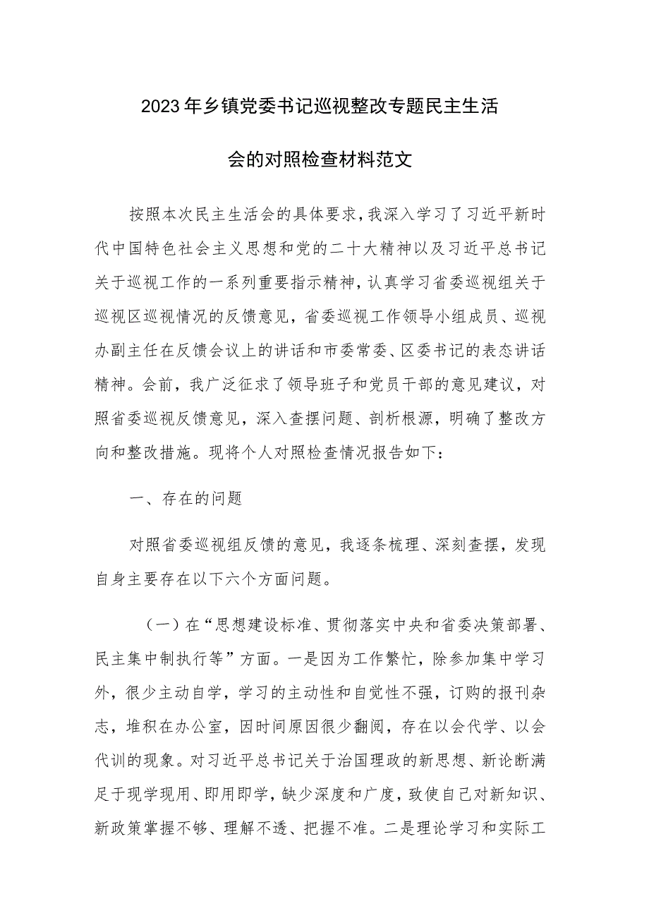 2023年乡镇党委书记巡视整改专题民主生活会的对照检查材料范文.docx_第1页