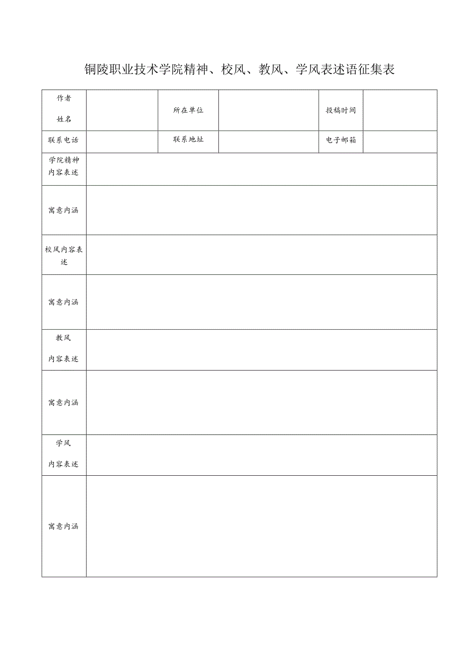 铜陵职业技术学院精神、校风、教风、学风表述语征集表.docx_第1页