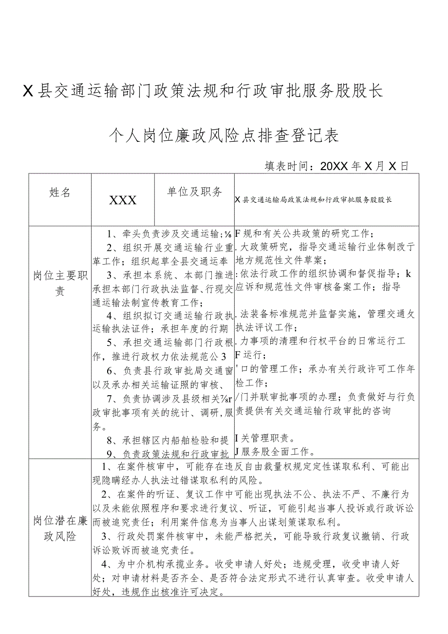 某县交通运输部门政策法规和行政审批服务股股长个人岗位廉政风险点排查登记表.docx_第1页