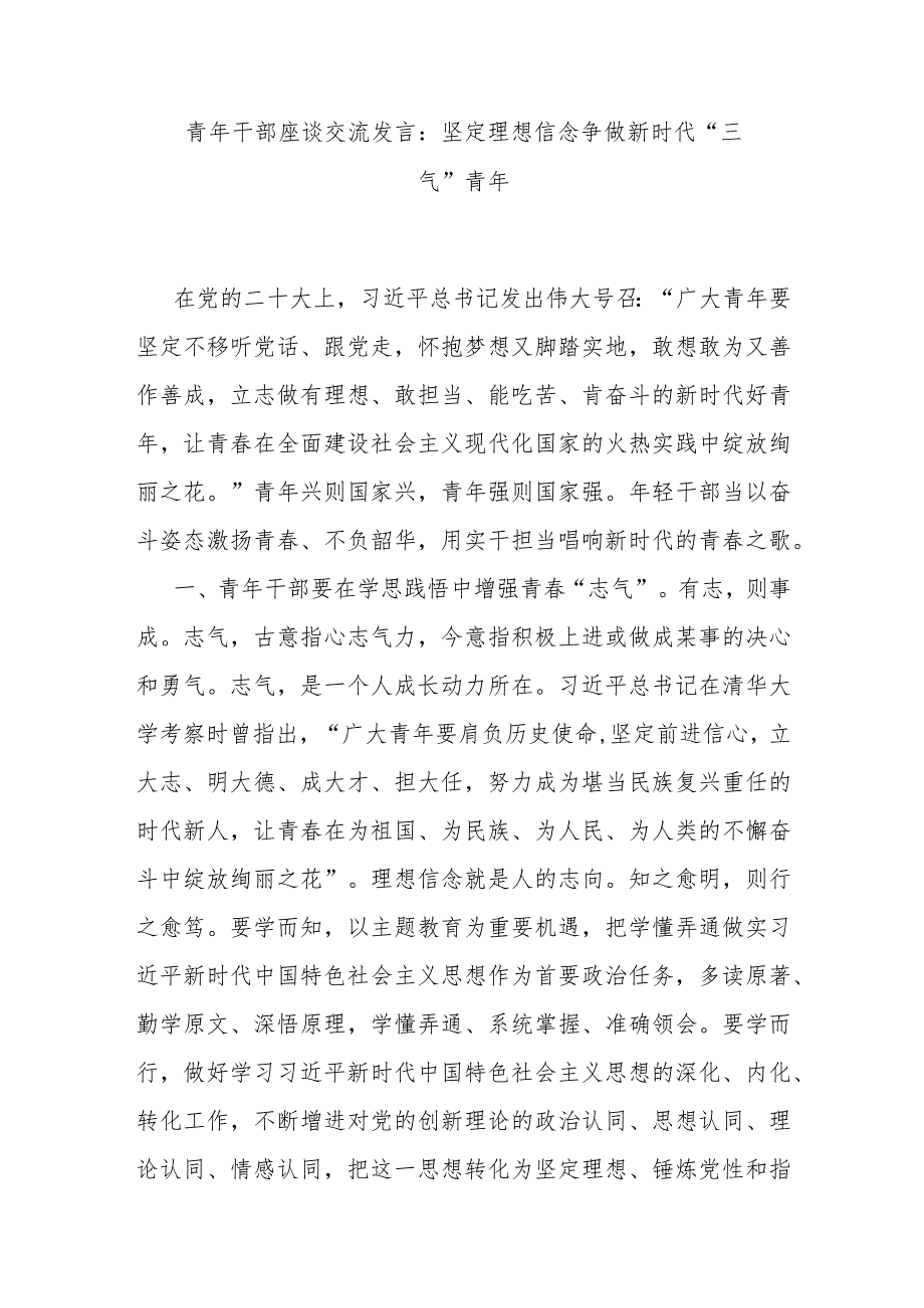 青年干部座谈交流发言：坚定理想信念争做新时代“三气”青年.docx_第1页