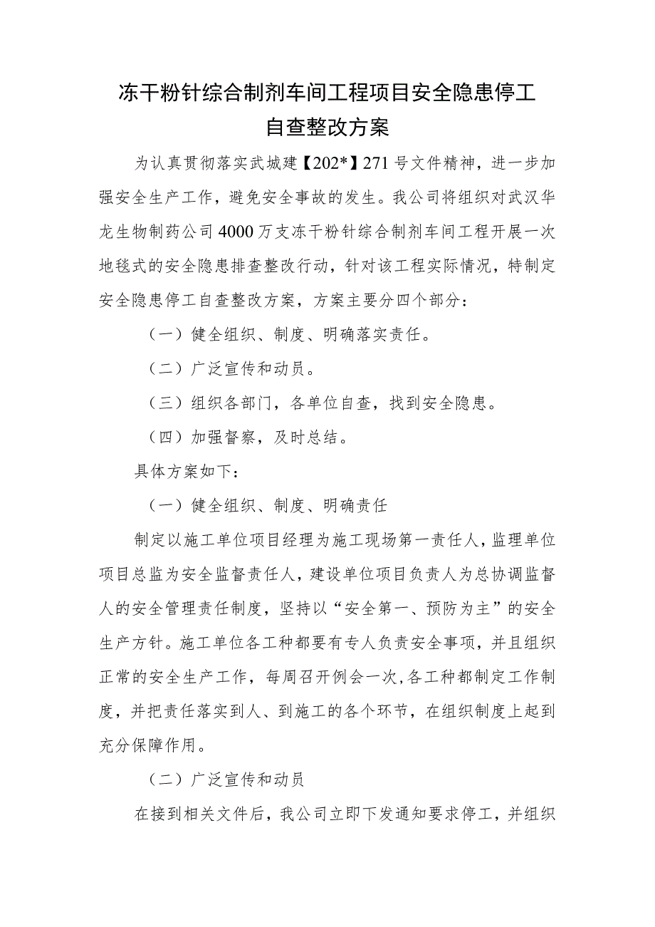 冻干粉针综合制剂车间工程项目安全隐患停工自查整改方案.docx_第1页