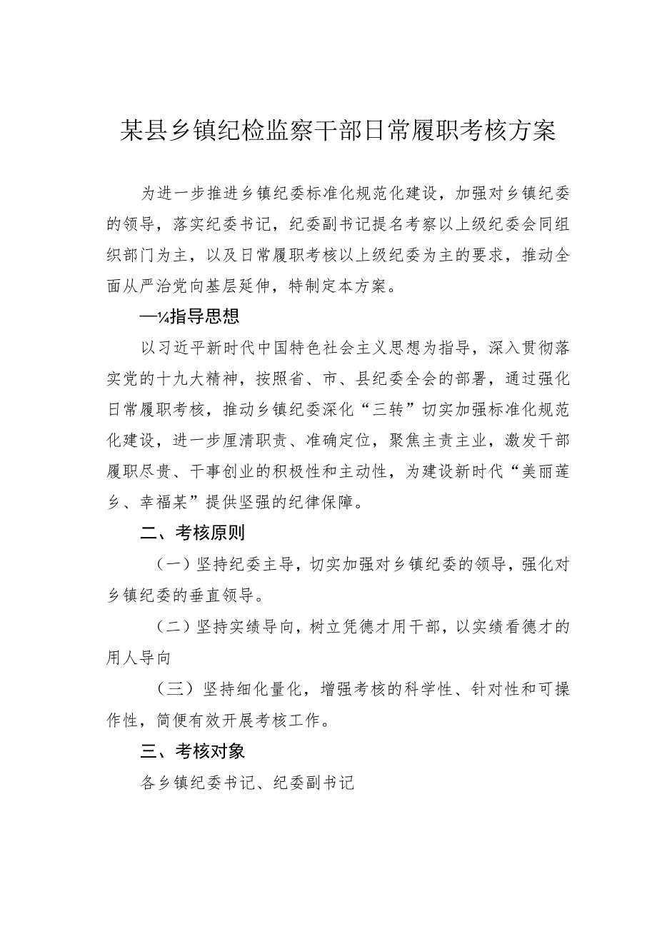 某县乡镇纪检监察干部日常履职考核方案.docx_第1页