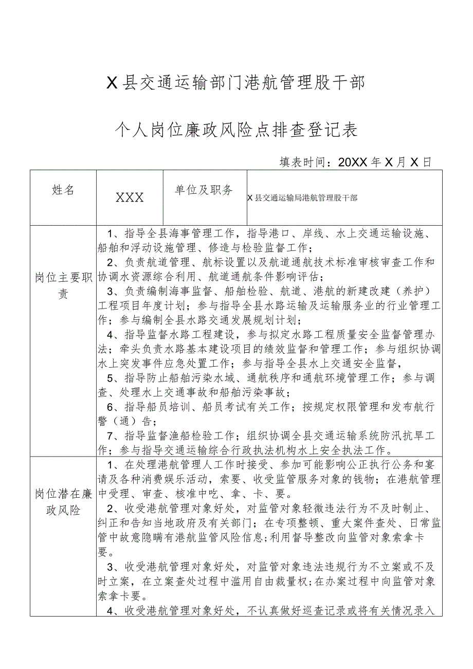 某县交通运输部门港航管理股干部个人岗位廉政风险点排查登记表.docx_第1页