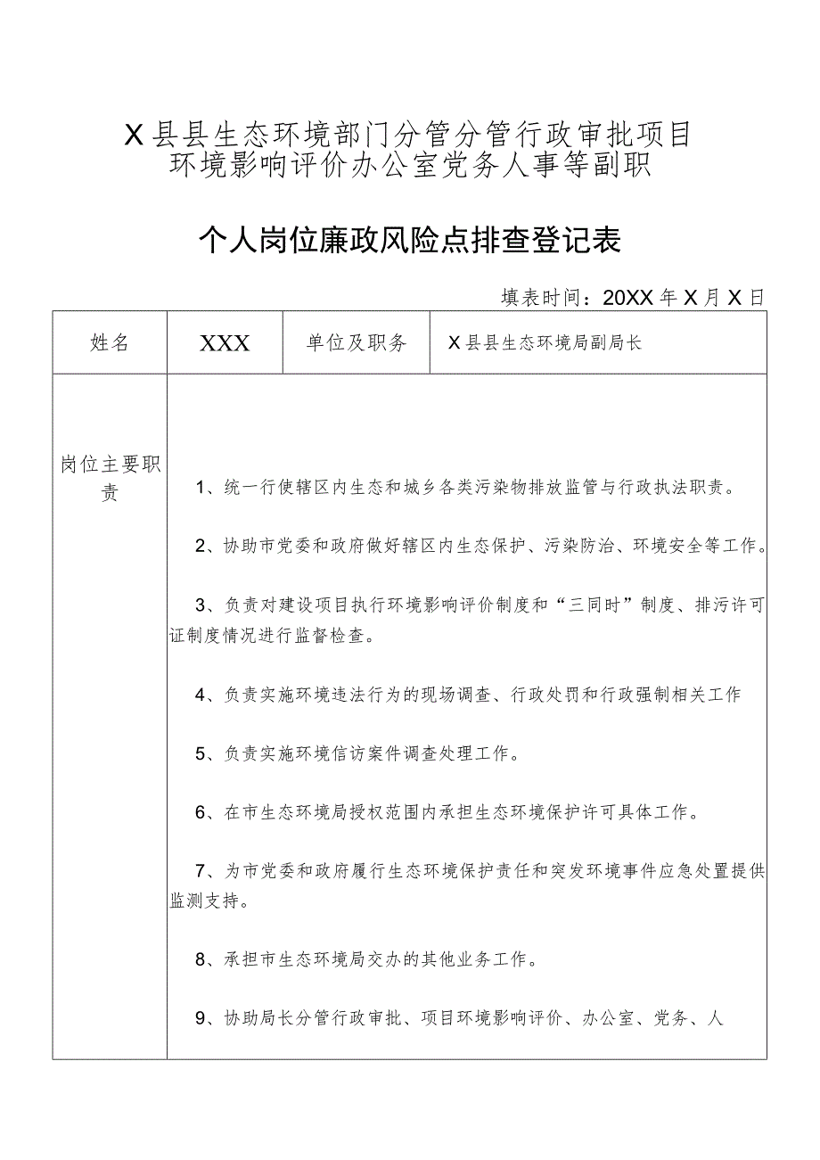 某县生态部门分管行政审批项目环境影响评价办公室党务人事等副职个人岗位廉政风险点排查登记表.docx_第1页