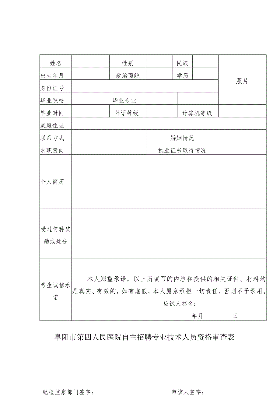 阜阳市第四人民医院自主招聘专业技术人员资格审查表.docx_第1页