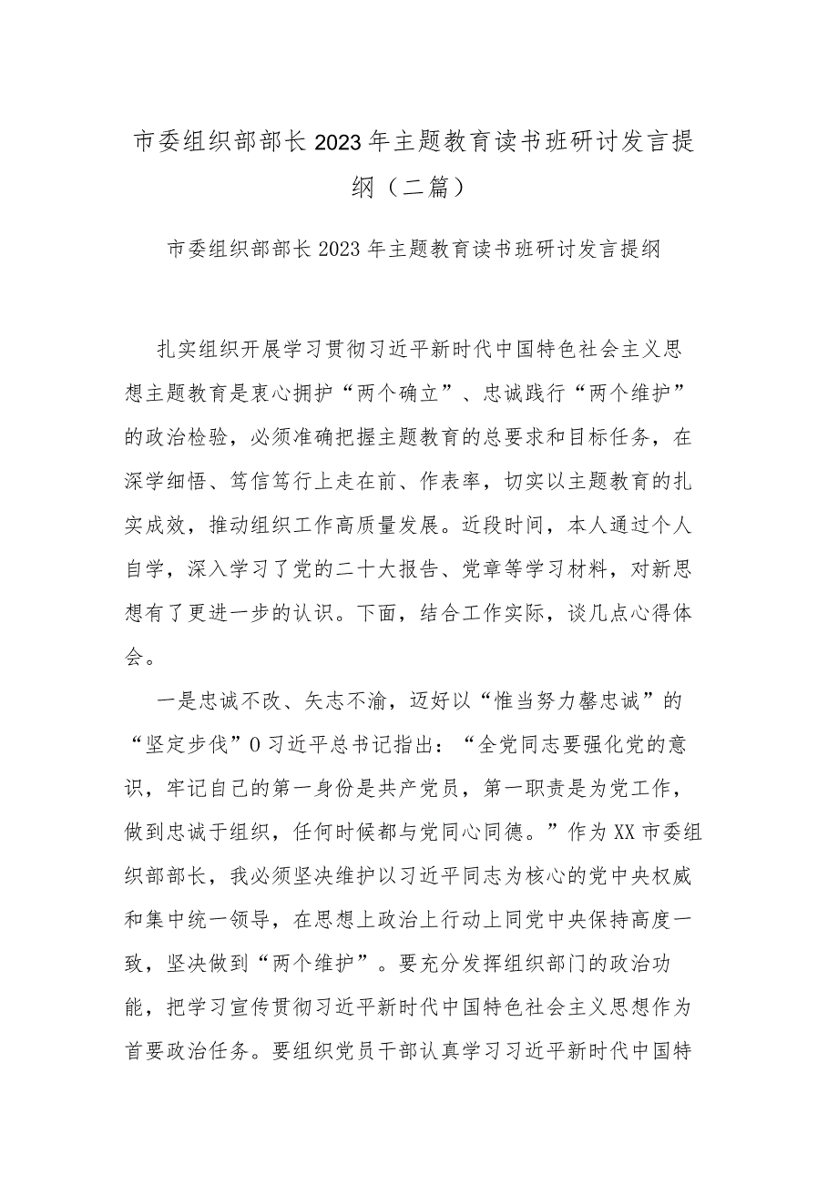 市委组织部部长2023年主题教育读书班研讨发言提纲(二篇).docx_第1页