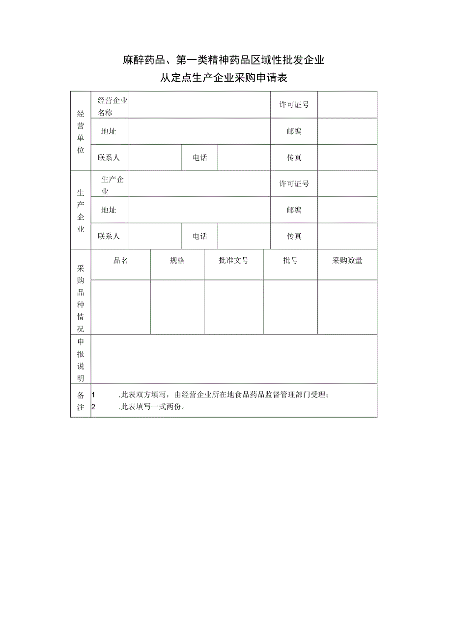 麻醉药品、第一类精神药品区域性批发企业从定点生产企业采购申请表.docx_第1页