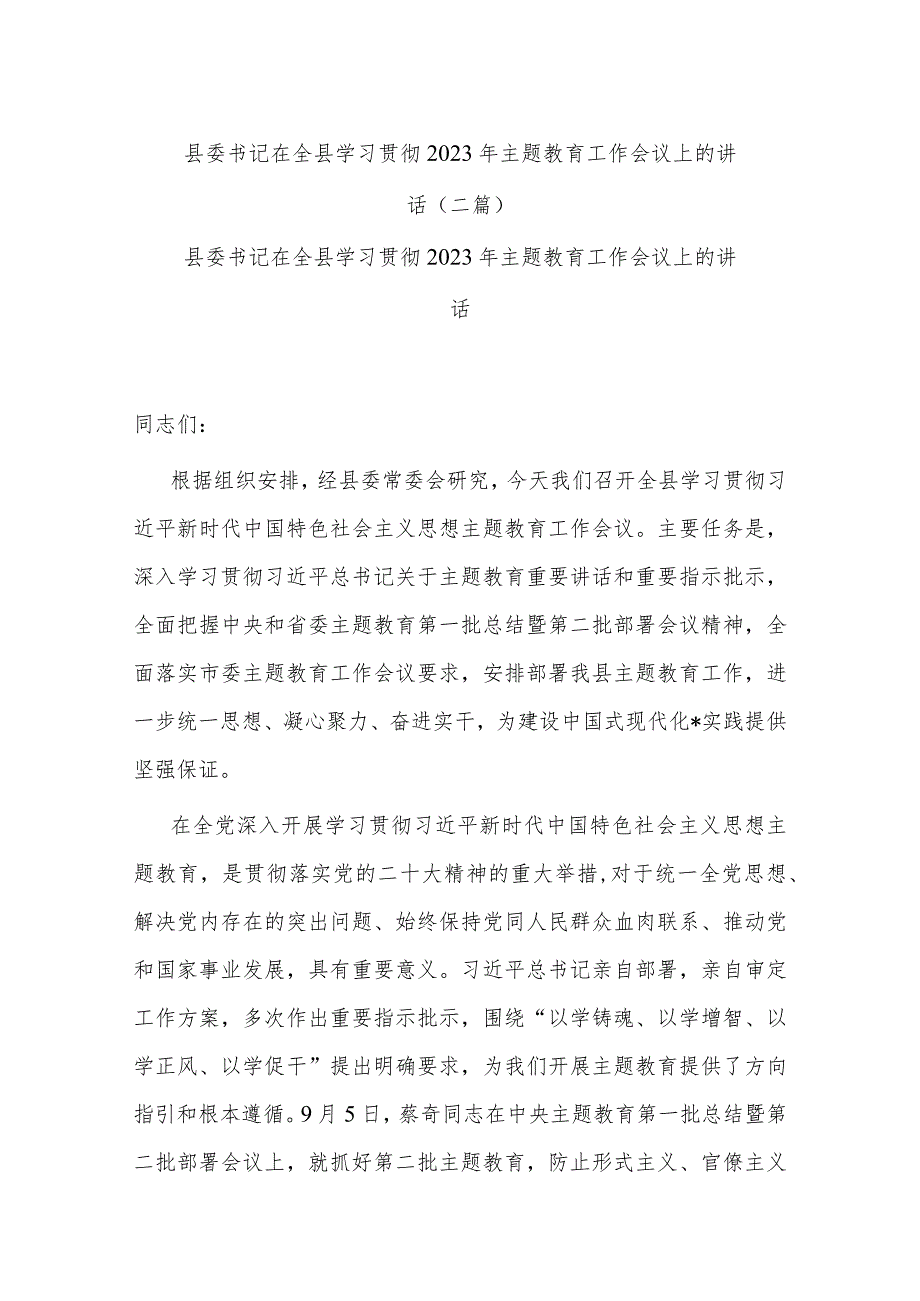 县委书记在全县学习贯彻2023年主题教育工作会议上的讲话(二篇).docx_第1页