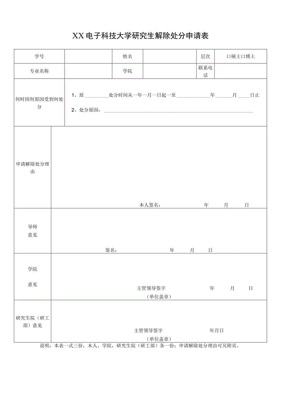 XX电子科技大学研究生解除处分申请表.docx_第1页