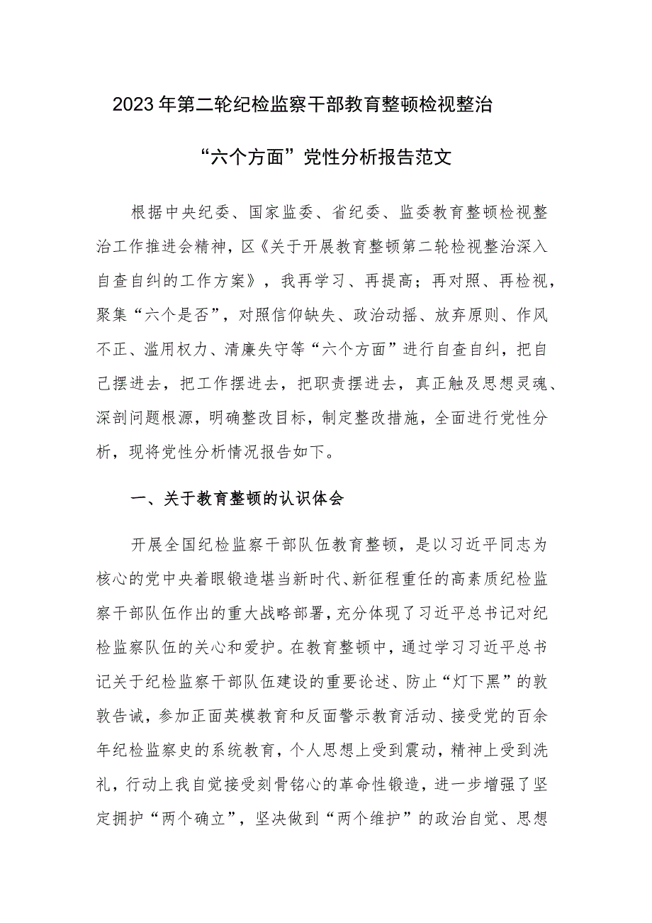 2023年第二轮纪检监察干部教育整顿检视整治“六个方面”党性分析报告范文 .docx_第1页