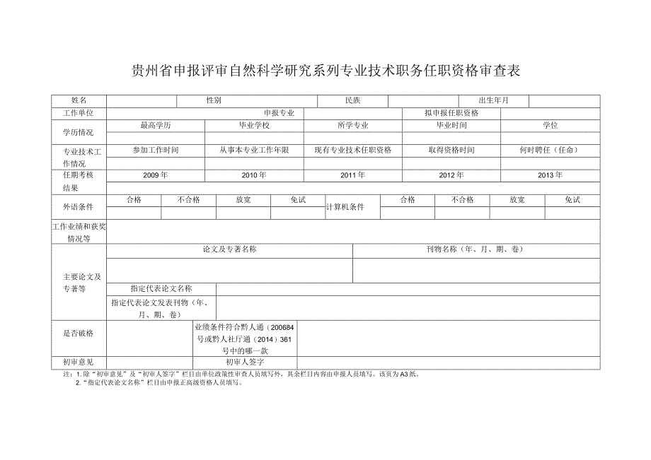 贵州省申报评审自然科学研究系列专业技术职务任职资格审查表.docx_第1页