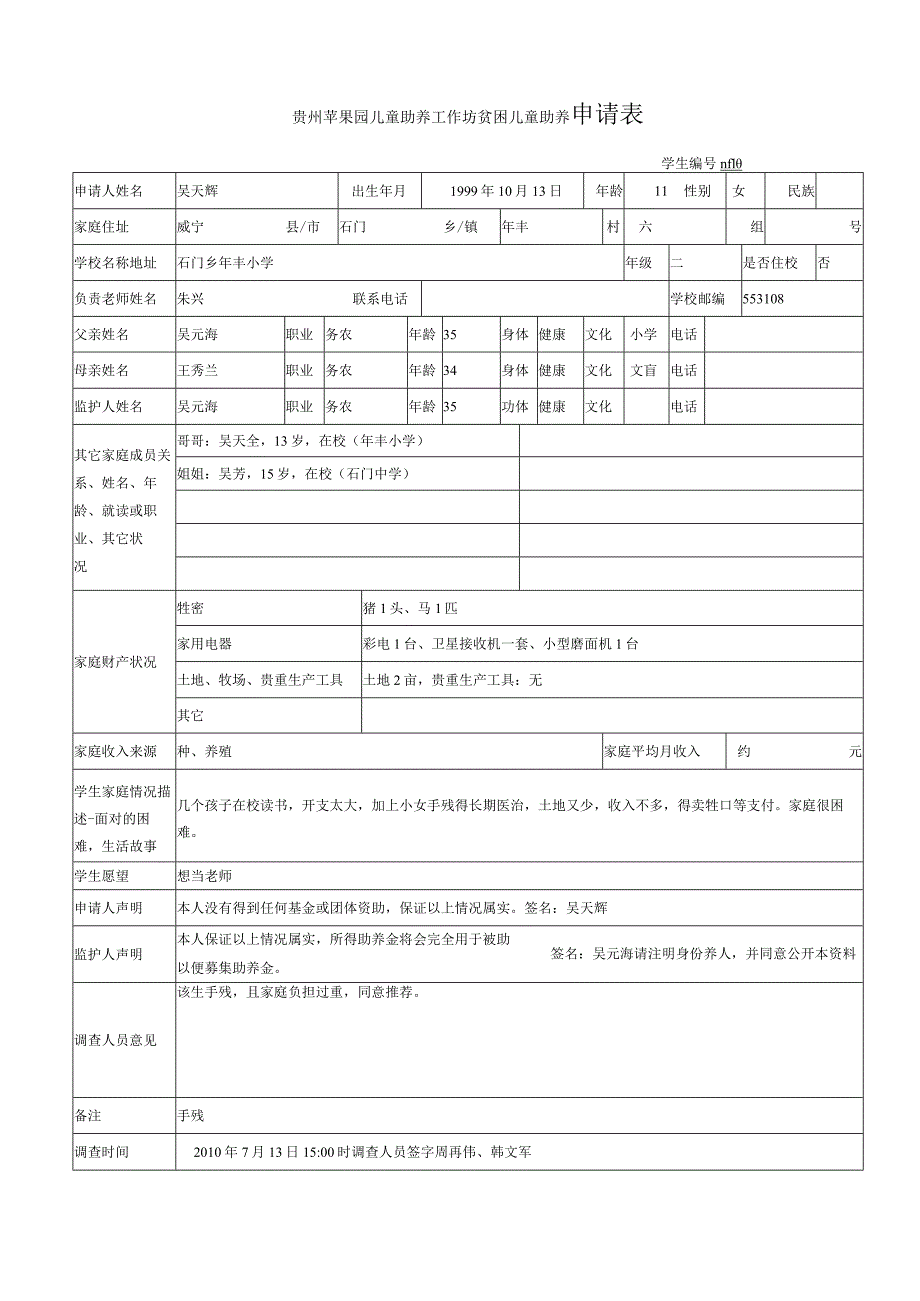 贵州苹果园儿童助养工作坊贫困儿童助养申请表.docx_第1页