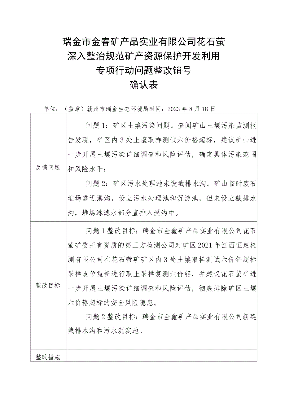 瑞金市大柏院溪石场深入整治规范矿产资源保护开发利用专项行动问题整改销号确认表.docx_第3页