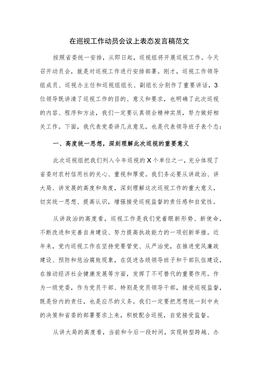 在巡视工作动员会议上表态发言稿范文.docx_第1页