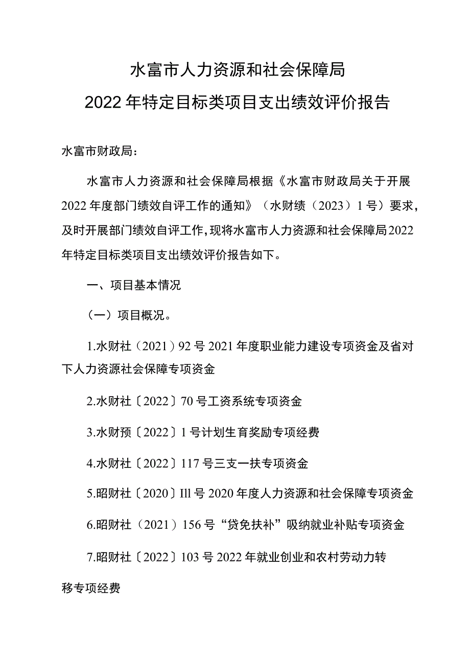 水富市人力资源和社会保障局2022年特定目标类项目支出绩效评价报告.docx_第1页