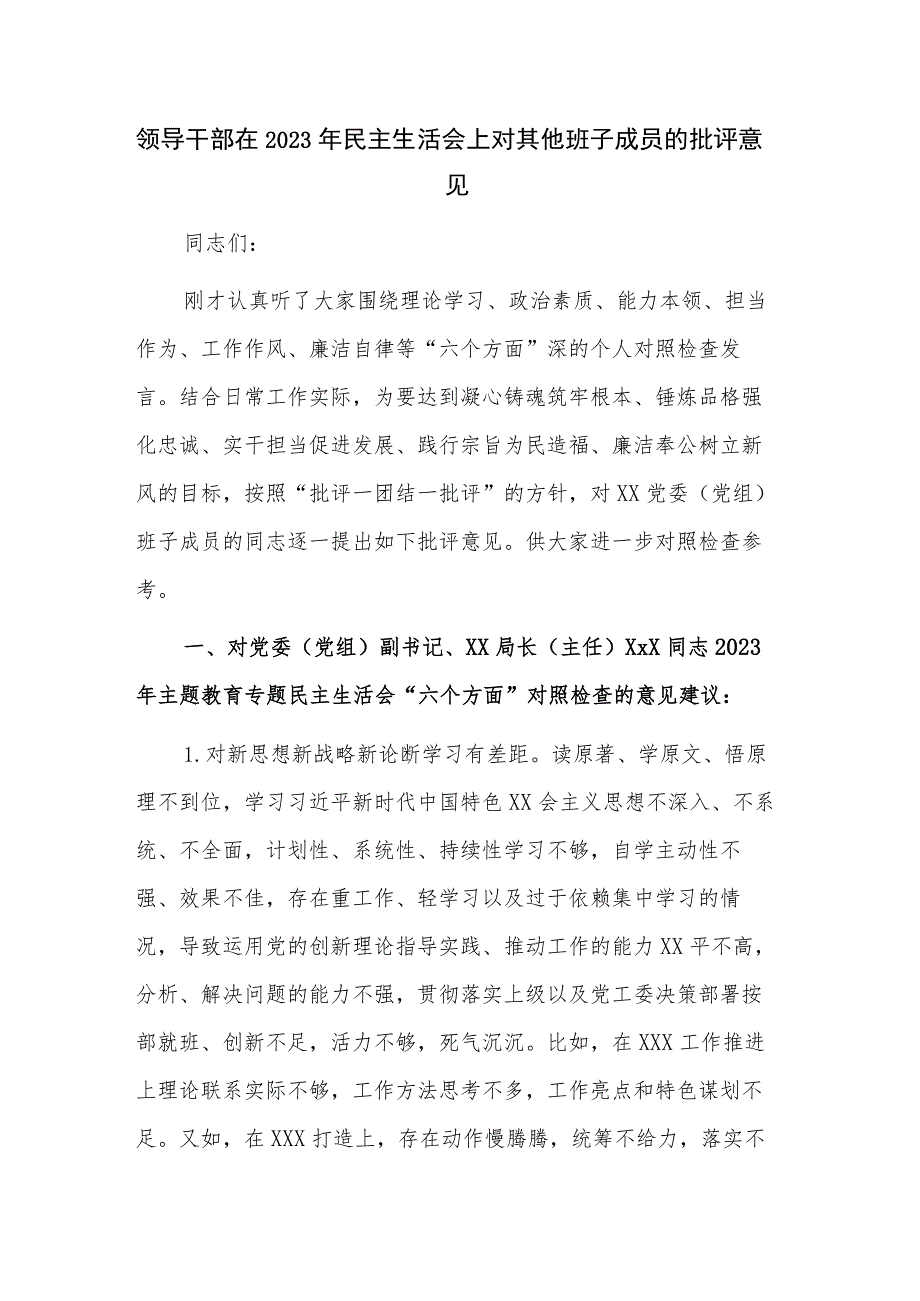 领导干部在2023年民主生活会上对其他班子成员的批评意见.docx_第1页