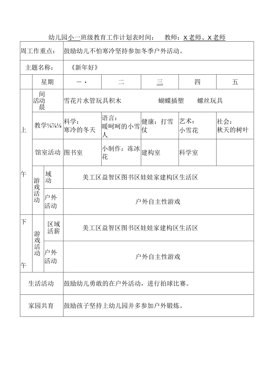 2023幼儿园小班班级教育工作计划表（主题：新年好）.docx_第2页