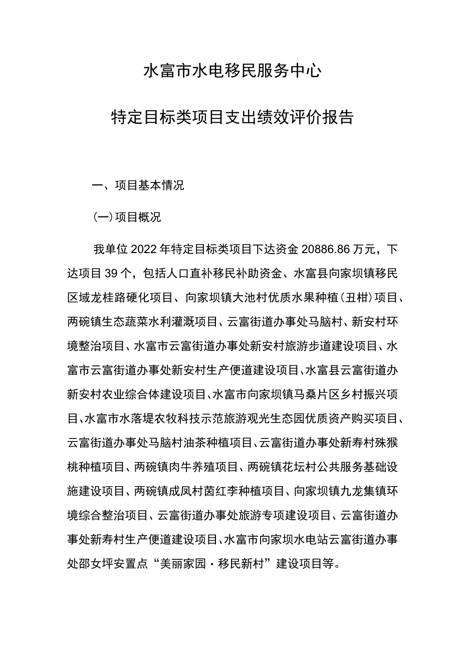 水富市水电移民服务中心特定目标类项目支出绩效评价报告.docx_第1页