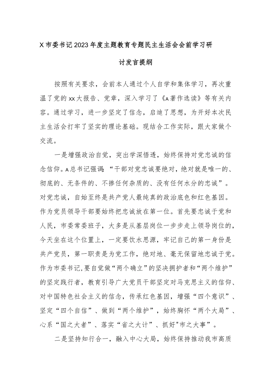 X市委书记2023年度主题教育专题民主生活会会前学习研讨发言提纲.docx_第1页