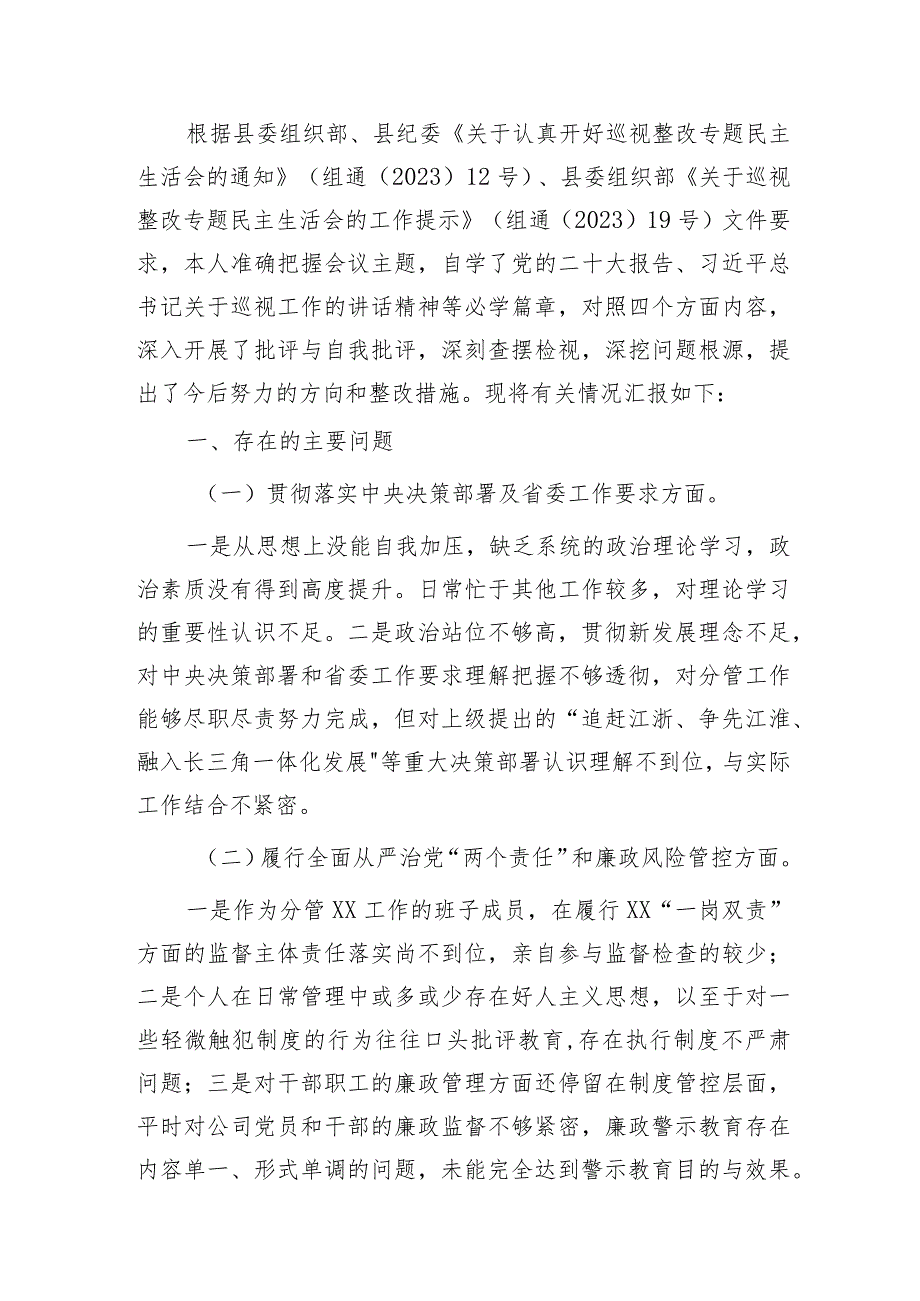 国企公司巡视（巡察）整改专题民主生活会个人对照检查发言2000字.docx_第1页