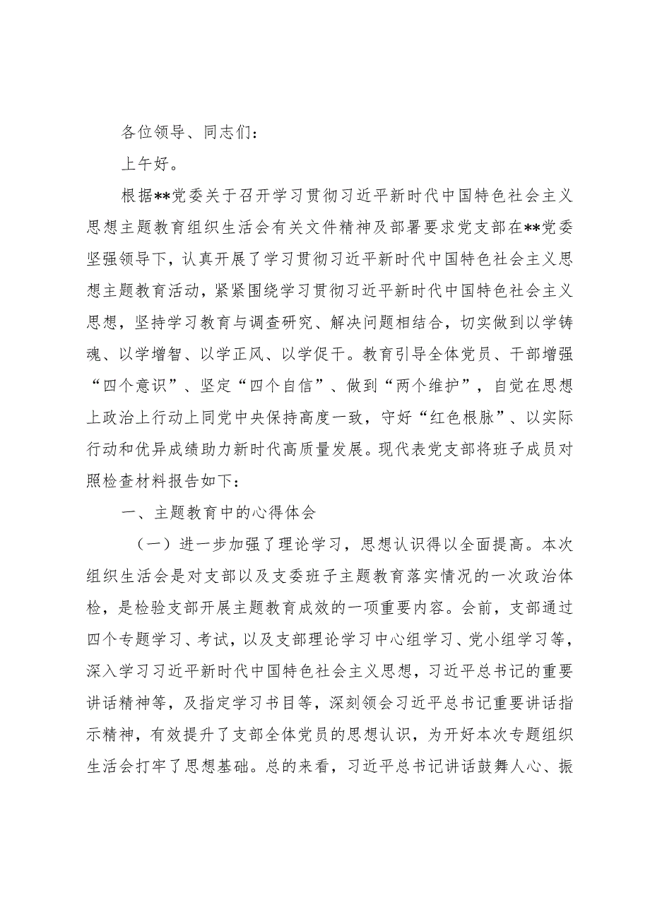 公司支部主题教育组织生活会班子对照检查材料.docx_第1页