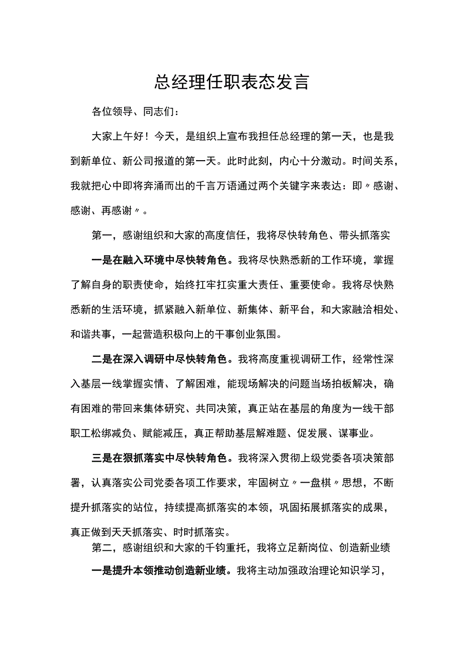 总经理任职表态发言.docx_第1页