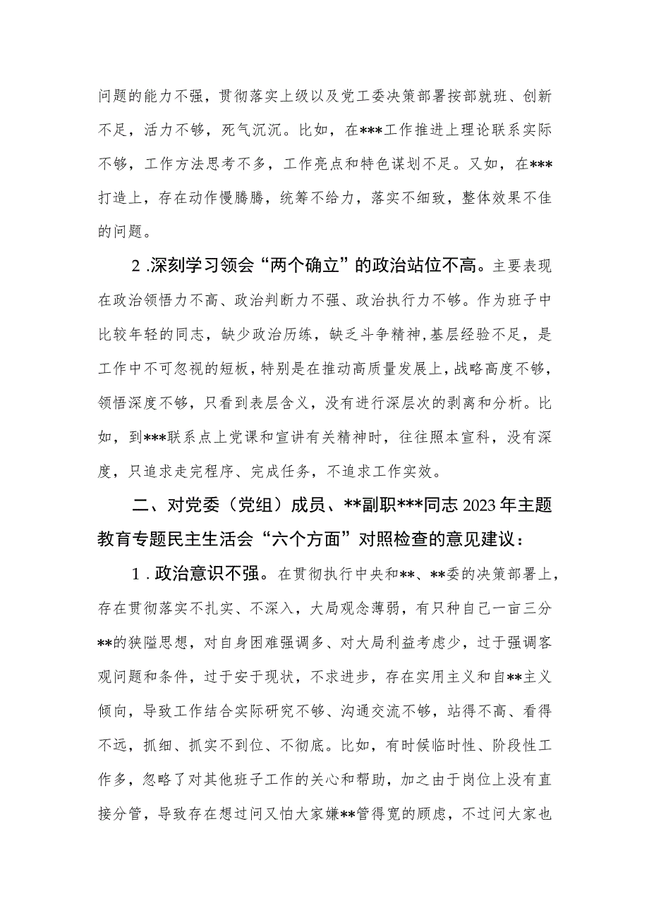 领导干部在2023年主题教育专题民主生活会上对其他班子成员的批评意见（具体案例）.docx_第2页