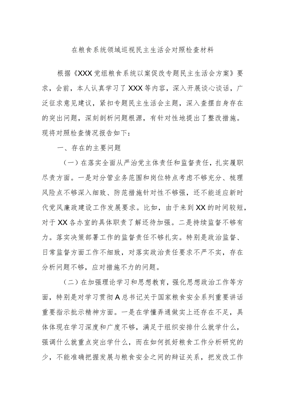 在粮食系统领域巡视民主生活会对照检查材料.docx_第1页