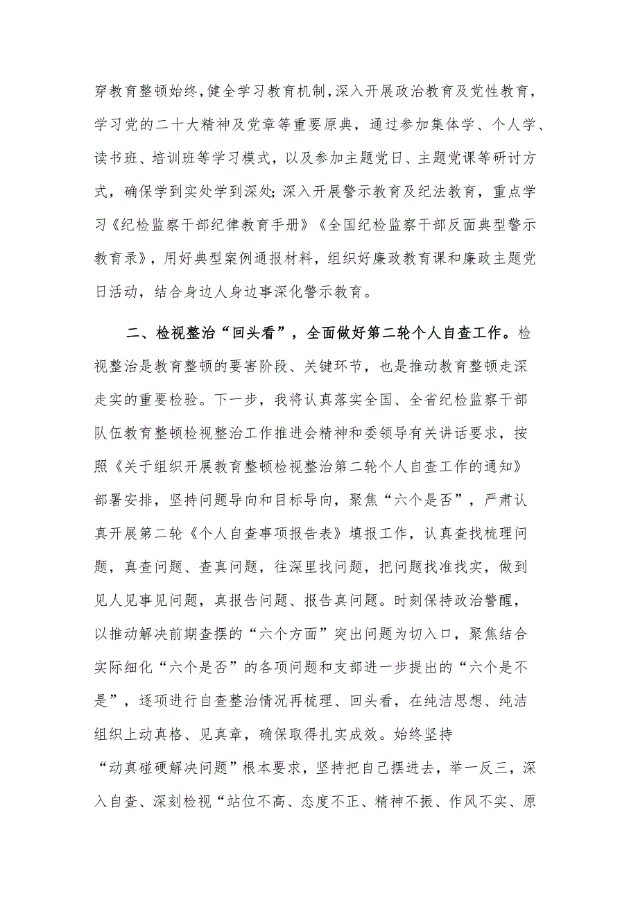 关于在传达学习贯彻教育整顿检视整治工作推进会精神发言稿范文.docx_第3页