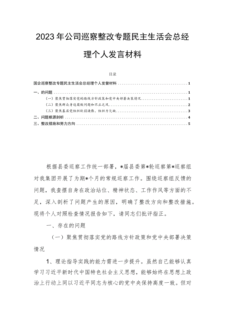 2023年公司巡察整改专题民主生活会总经理个人发言材料.docx_第1页