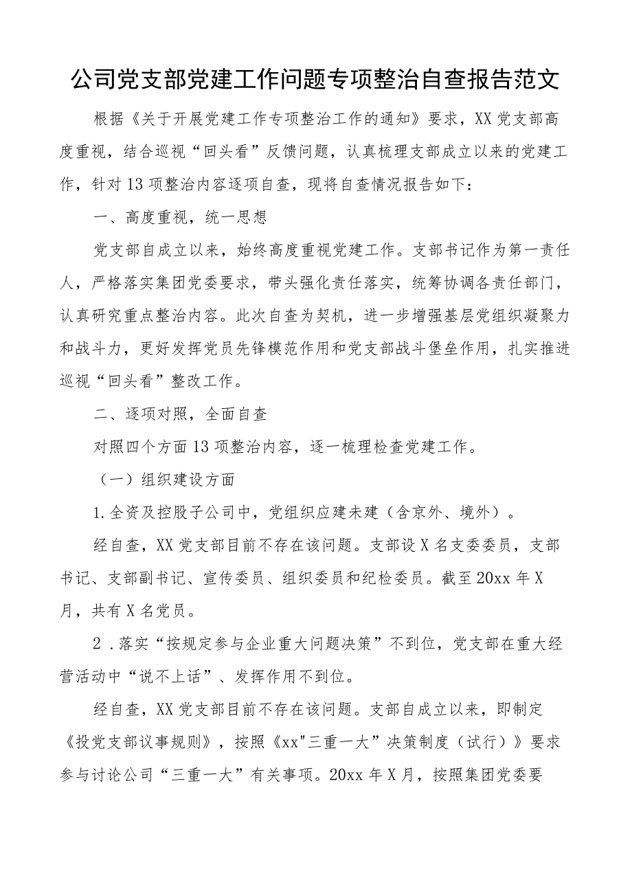 公司党支部党建工作问题整治自查报告集团企业整改总结汇报.docx_第1页