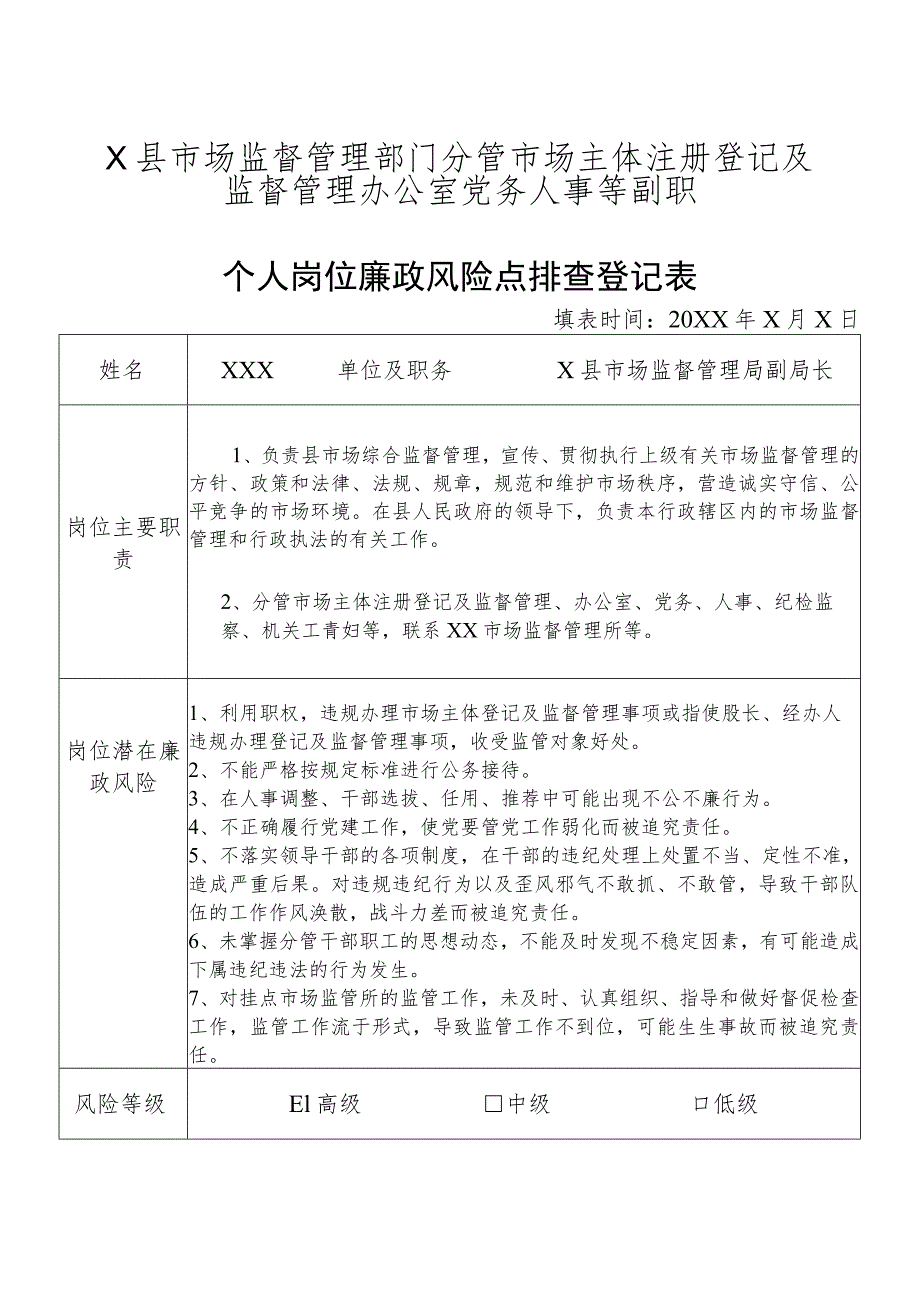 某县市场监督管理部门分管市场主体注册登记及监督管理办公室党务人事等副职个人岗位廉政风险点排查登记表.docx_第1页