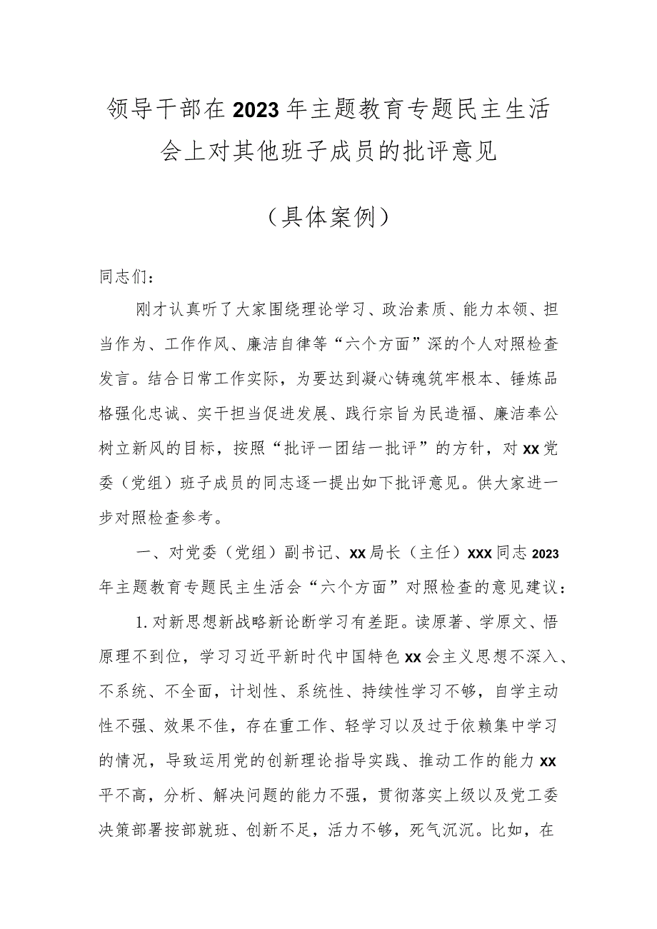 领导干部在2023年主题教育专题民主生活会上对其他班子成员的批评意见（具体案例）.docx_第1页