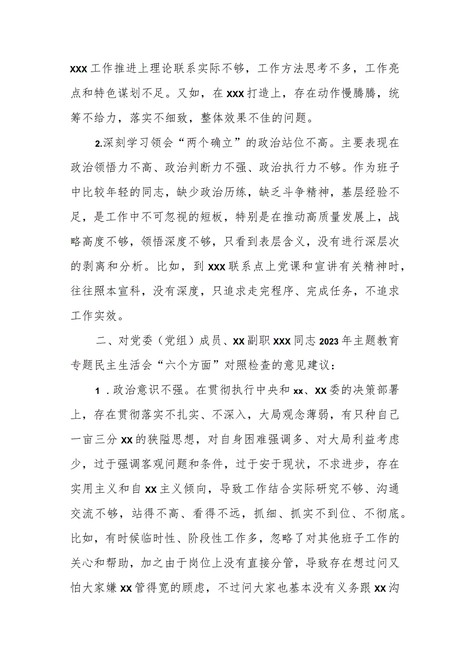 领导干部在2023年主题教育专题民主生活会上对其他班子成员的批评意见（具体案例）.docx_第2页