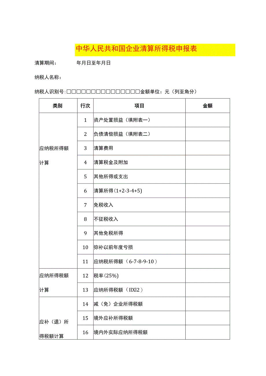 税务注销企业所得税清算申报表模板.docx_第1页