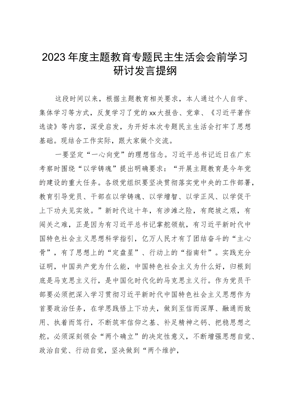 2023年度主题教育专题民主生活会会前学习研讨发言提纲.docx_第1页