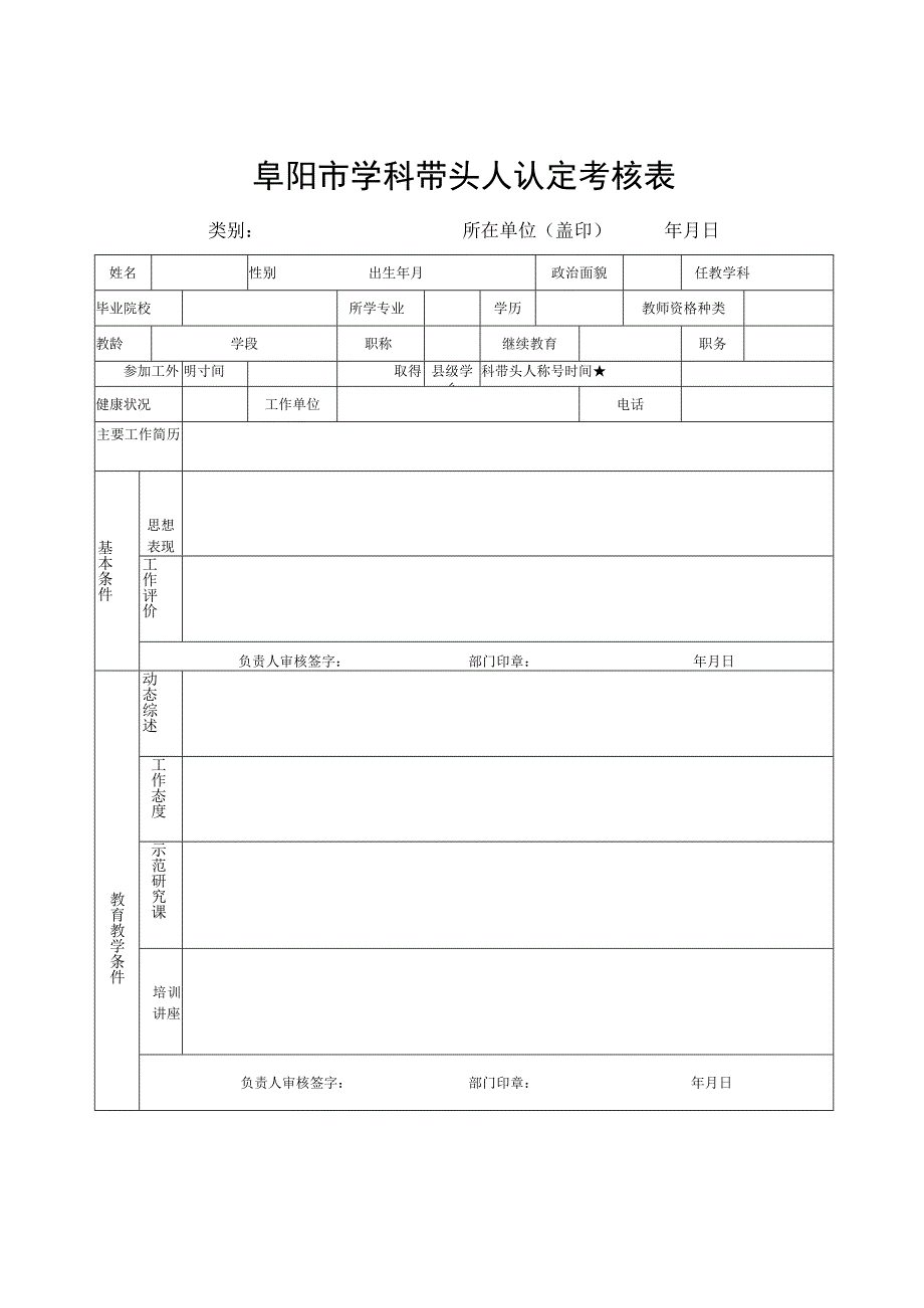 阜阳市学科带头人认定考核表.docx_第1页