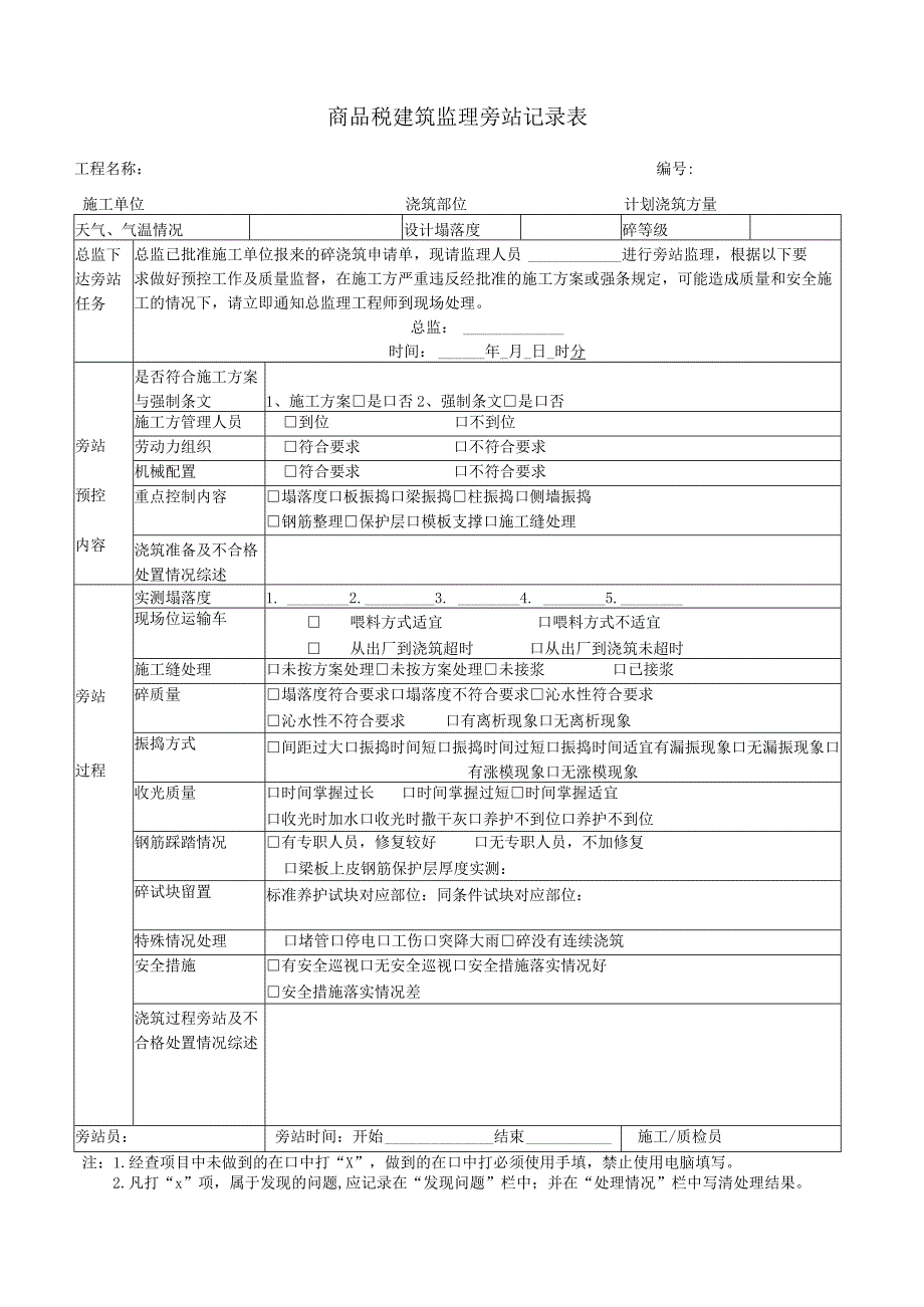 商品混凝土浇筑监理旁站记录表.docx_第1页